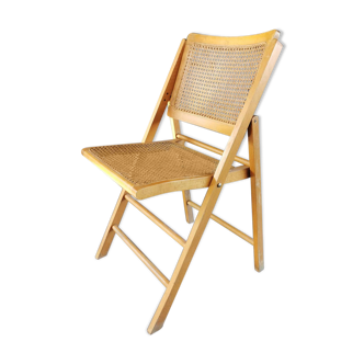 Vintage wooden folding chair with 1970 rattan seat and back