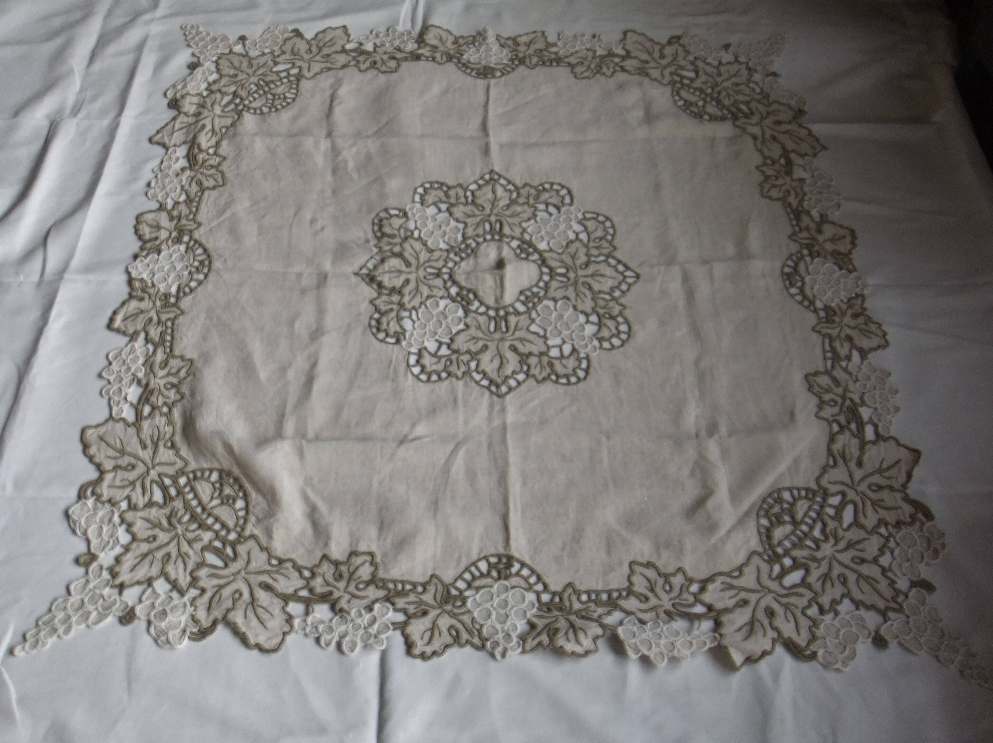 Antique linen tablecloth embroidery Richelieu scalloped linen centerpiece 128 cm