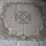 Antique linen tablecloth embroidery Richelieu scalloped linen centerpiece 128 cm
