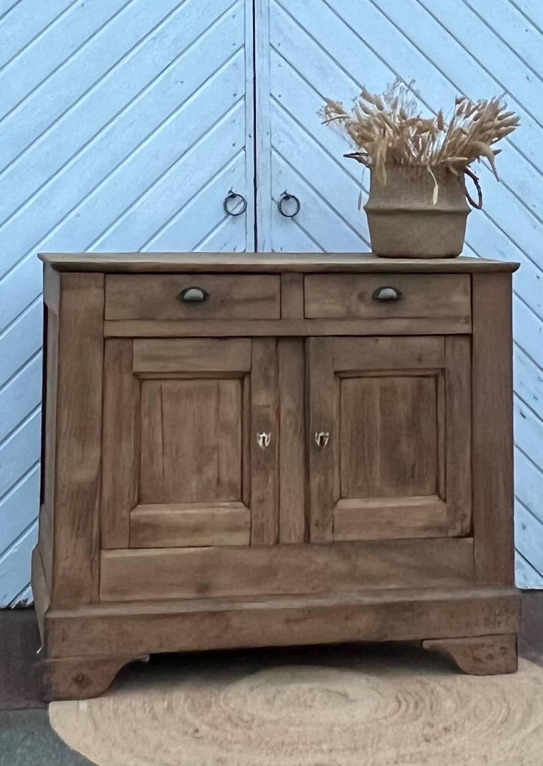 Antique sideboard with 2 drawers in solid raw oak, chic country style