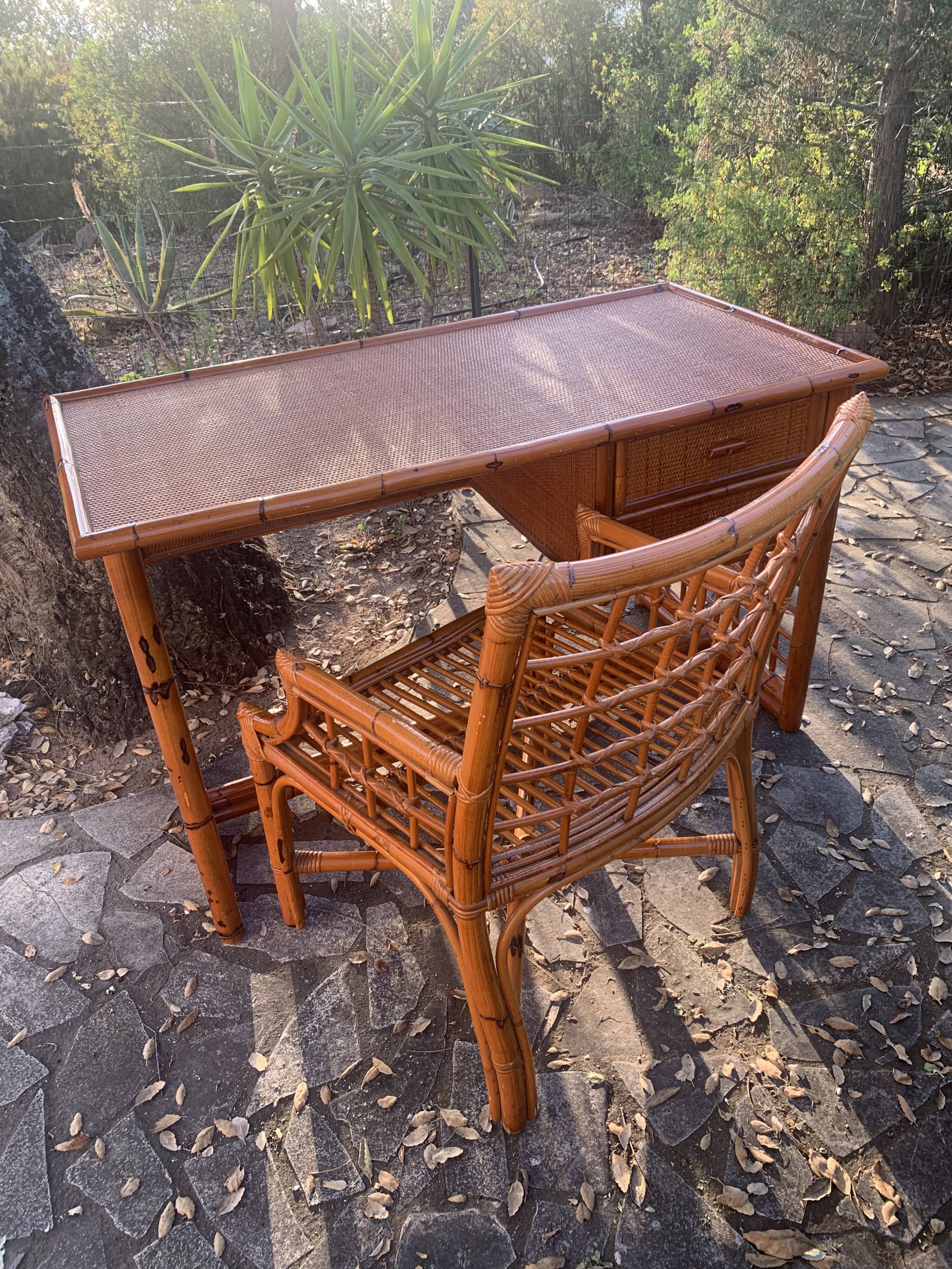 Desk and armchair rattan and vintage bamboo