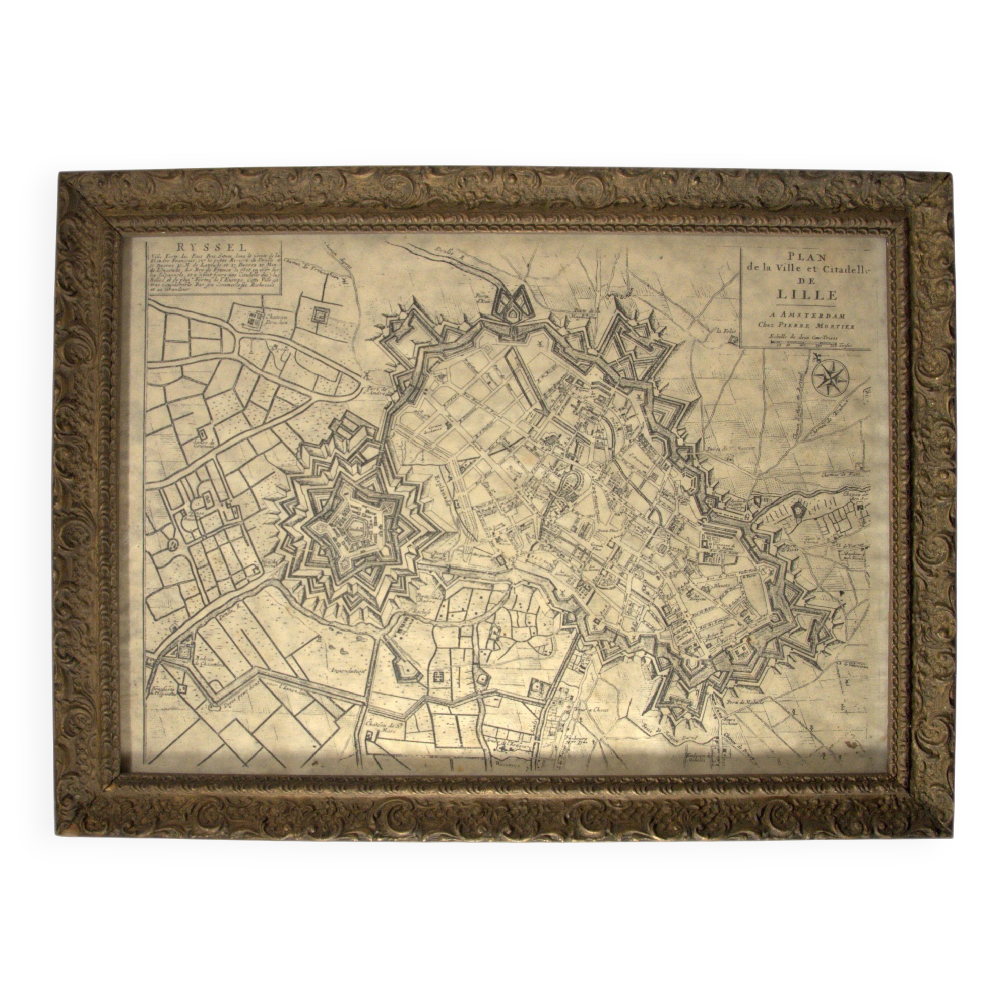 Framed old engraving from Lille, by Pierre Mortier, Amsterdam, 50x37cm