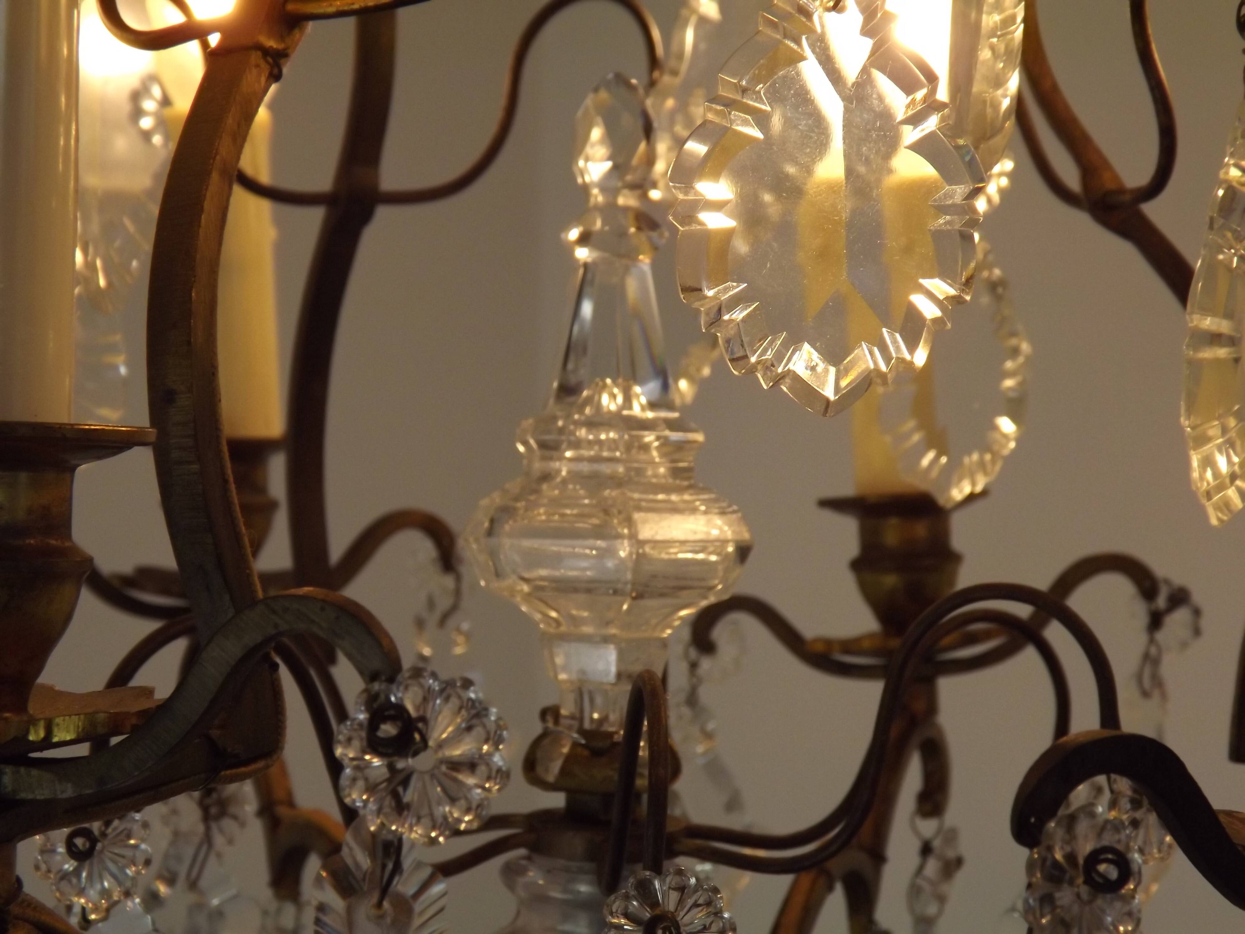French Bronze and Glass 6 Light Cage Chandelier With Assorted Crystals 5518