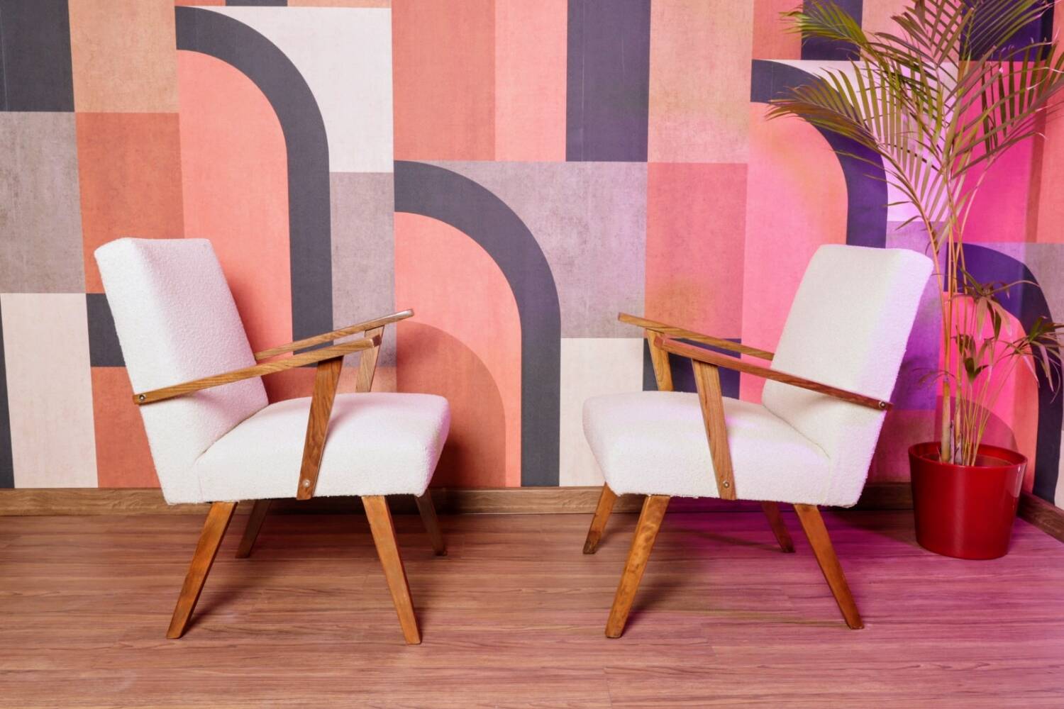 Vintage beige bouclé armchair with walnut wood from the 1950s.