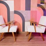 Vintage beige bouclé armchair with walnut wood from the 1950s.