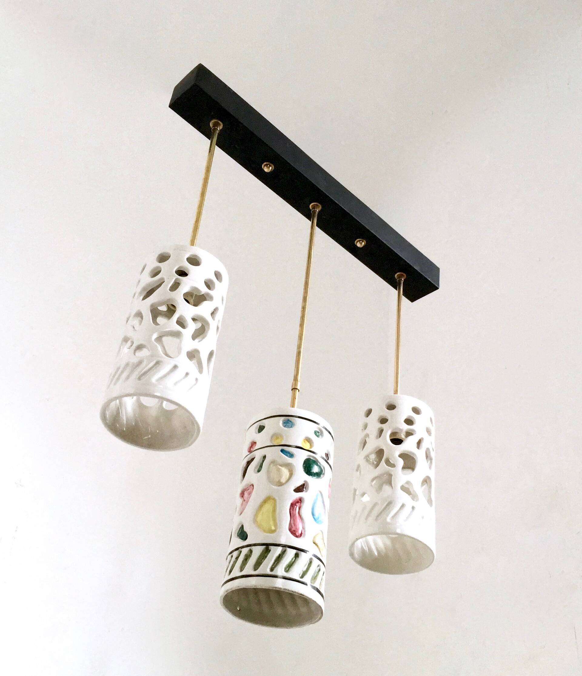 Chandelier with Cylindrical Ceramic Lampshades by Ceramiche Pucci, Italy
