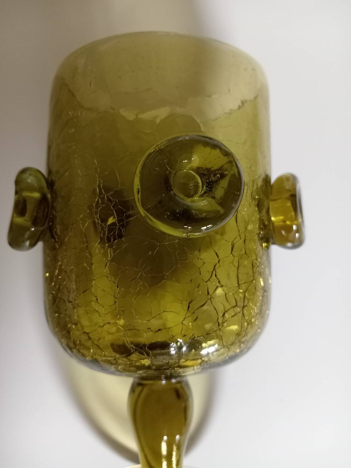 Olive green mouth-blown crackled glass