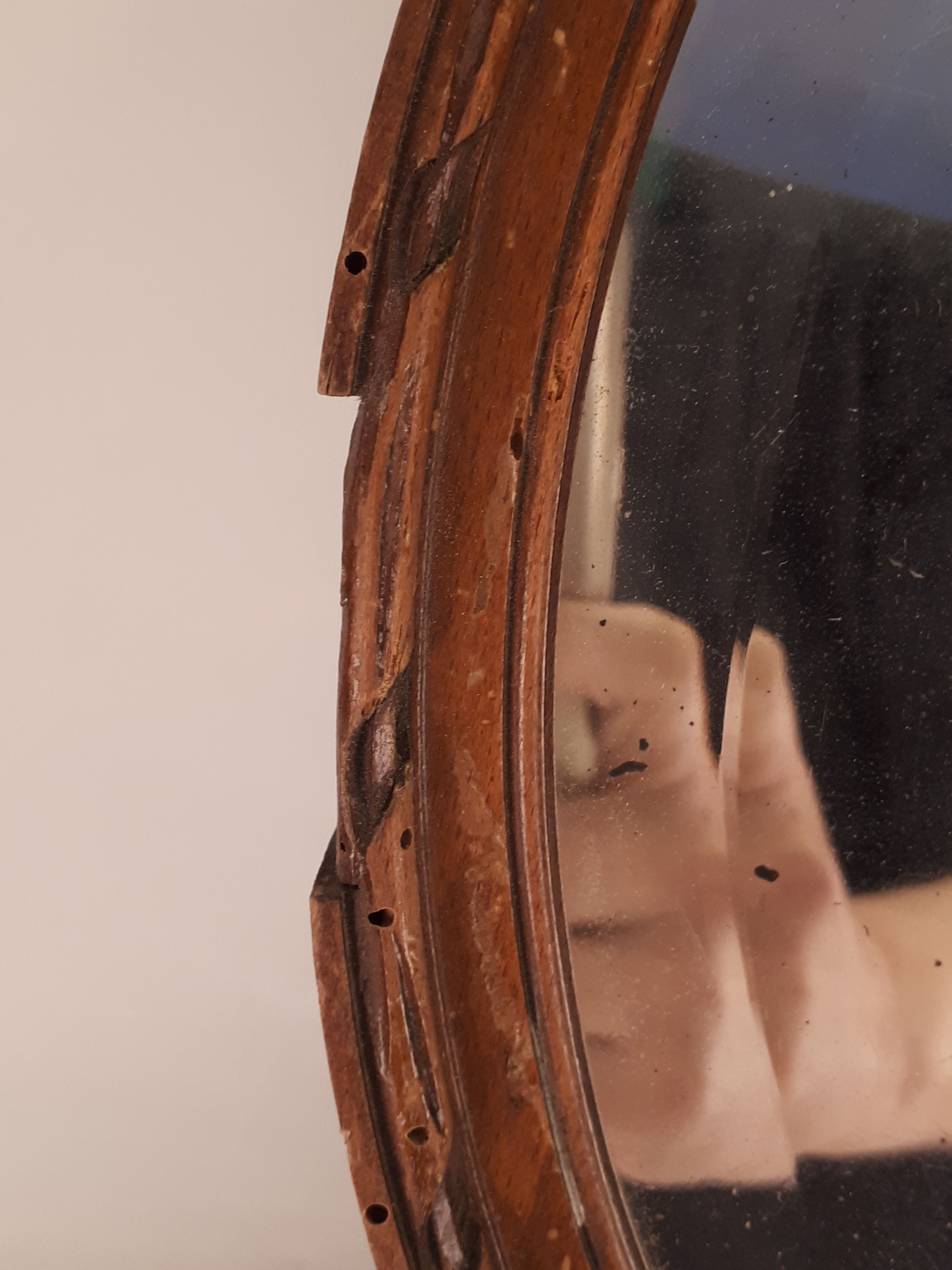 Old oval mirror bevelled classic wood frame - 28x22cm