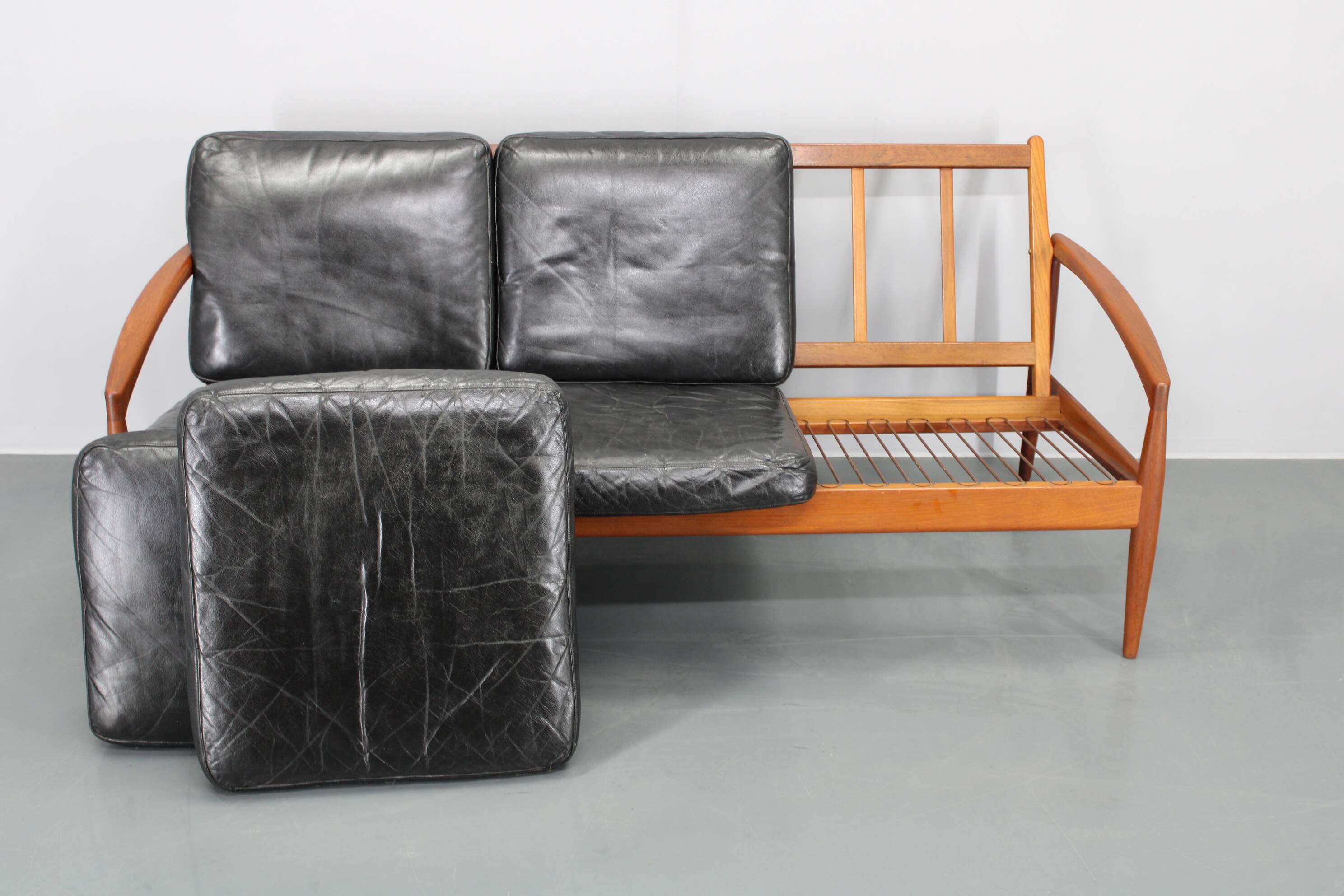 1960s Kai Kristiansen Paper Knife 3-Seater Teak Sofa in Leather , Denmark