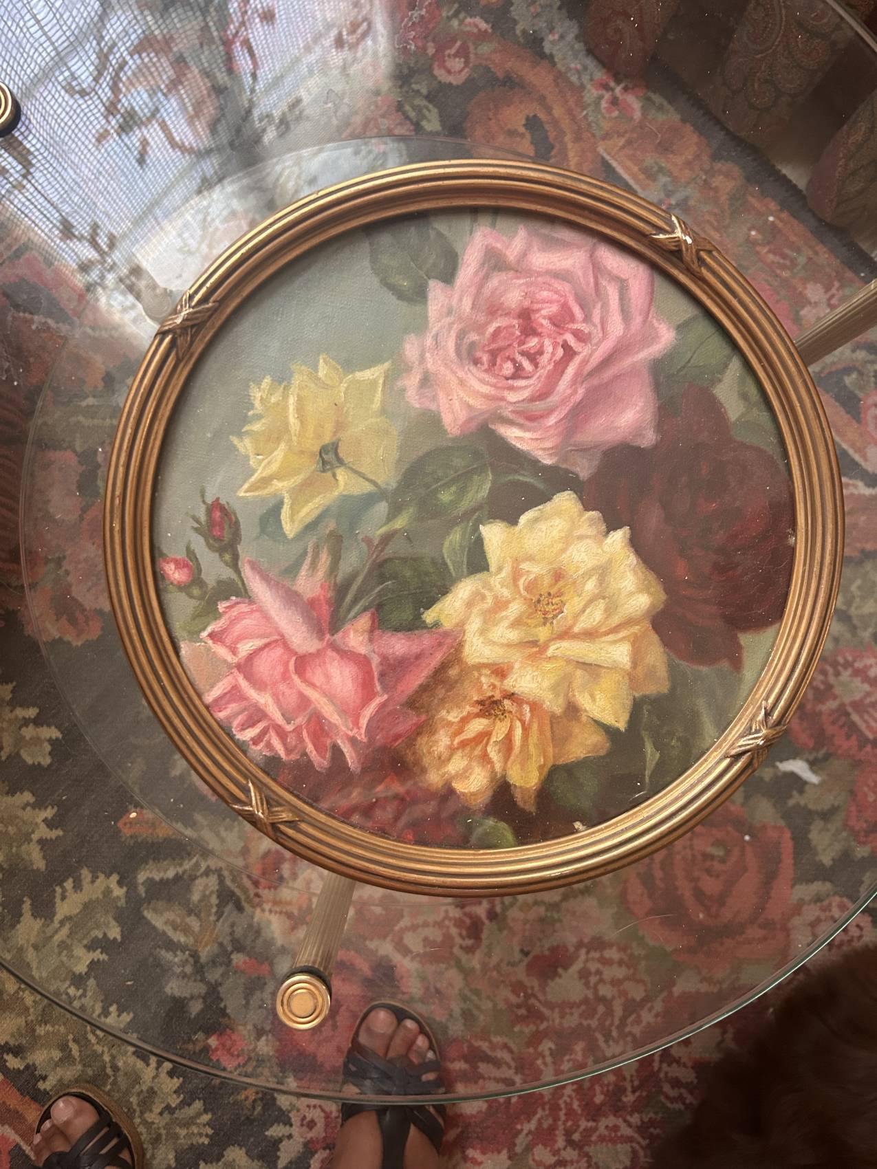 Antique painting of a bouquet of roses, 1900s – glass painting and Louis XVI gilded frame.
