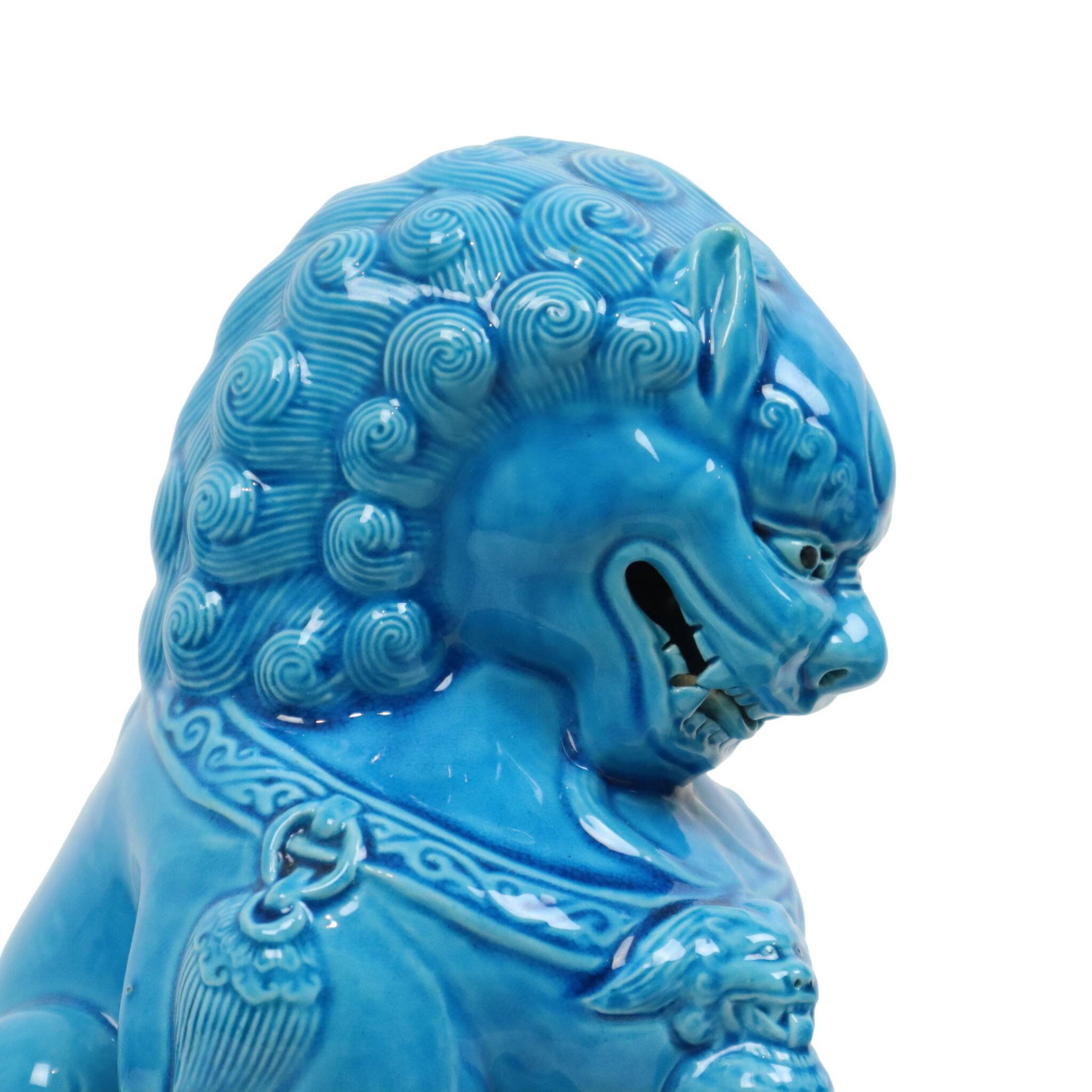 Large Temple Lion Statues Foo Dogs Blue Porcelain 25cm