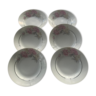 6 assiettes creuses en porcelaine motif pivoines art déco