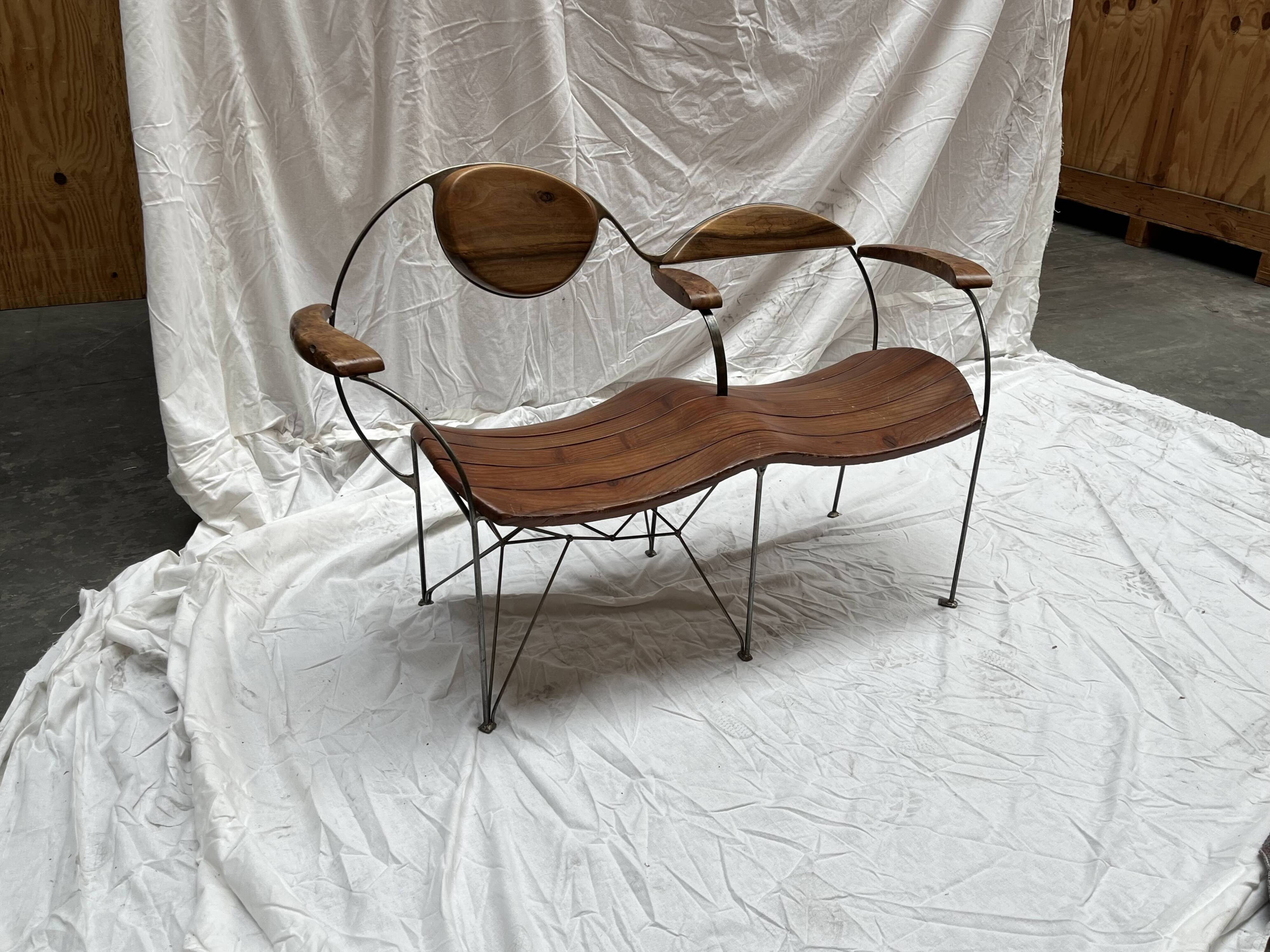 Contemporary double bench in wood and metal by Francis Veillerot (2004)
