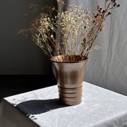 Vintage ceramic vase in glazed brown-orange with stripes H21.5 D19