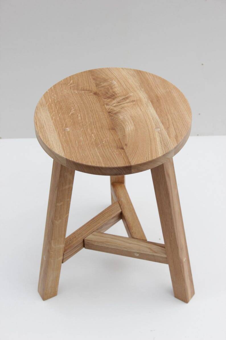 Oak stool with round seat and three legs, minimalist stool with tr