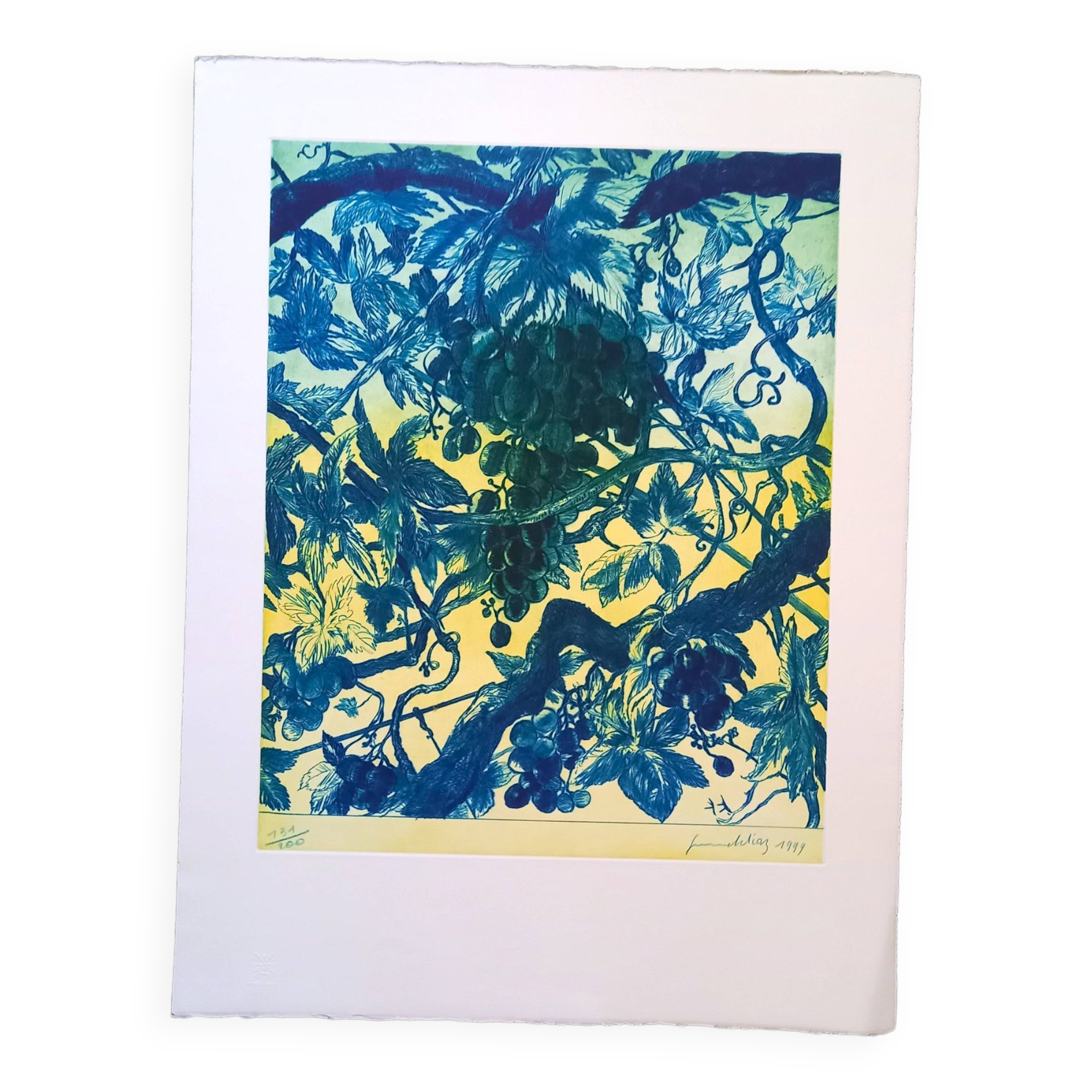 Original lithograph by Gérard Diaz (1938-2021), "la vigne, le raisin, le vin", 1999.