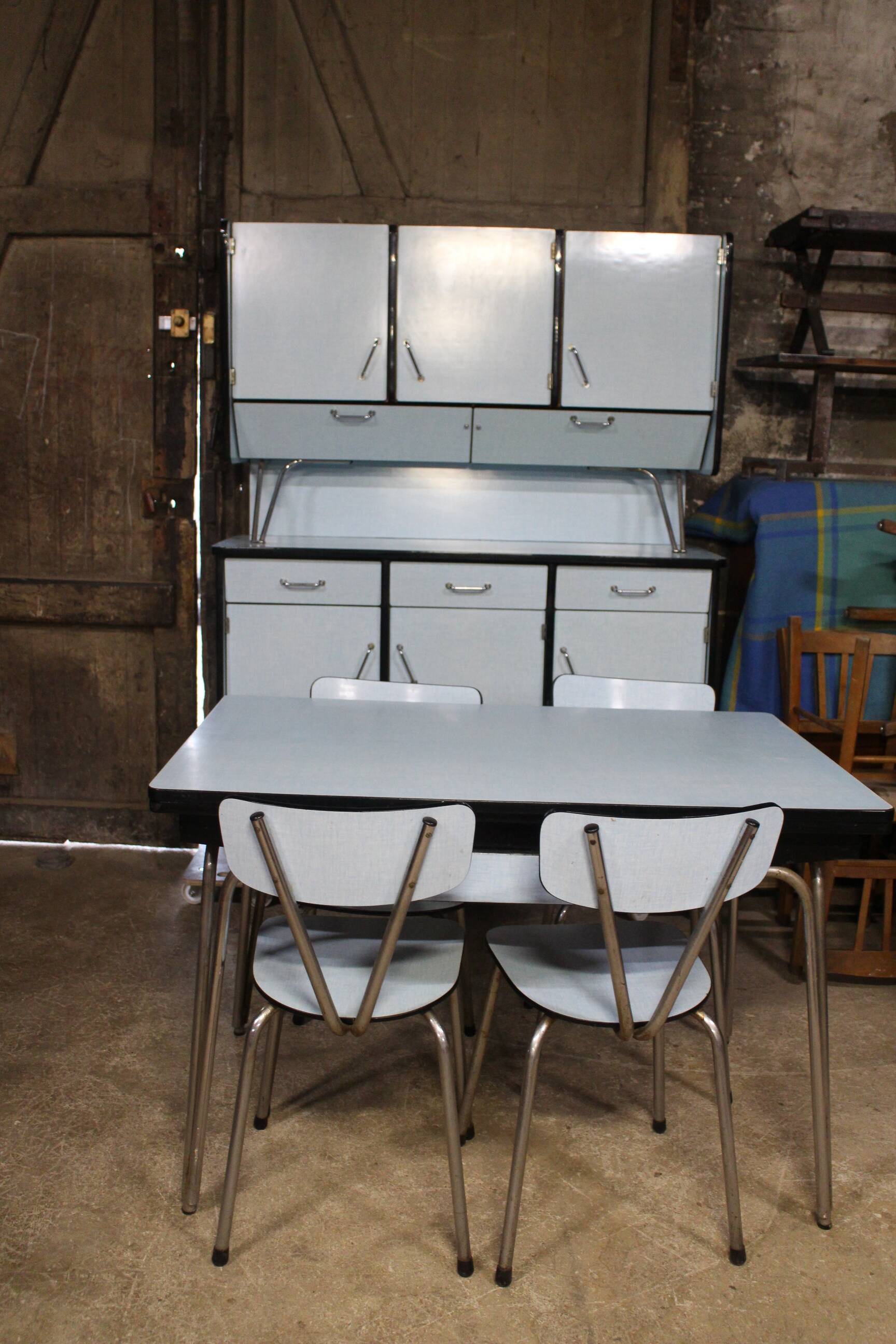complete kitchen in blue formica buffet table and chairs