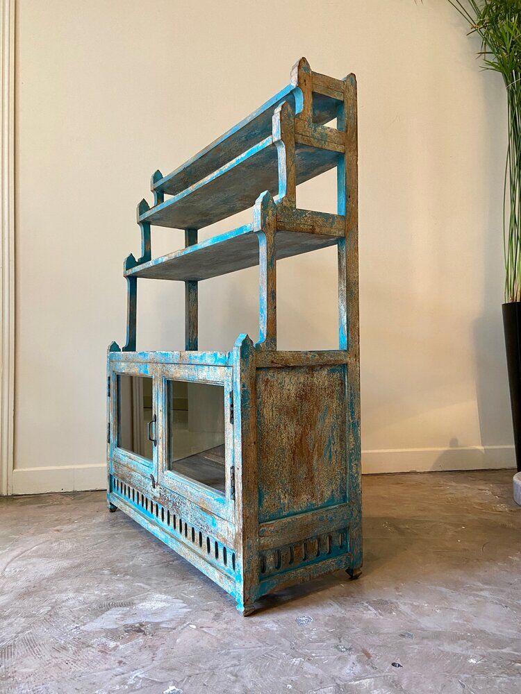 Sideboard 4 shelves and 2 glass doors in blue wood