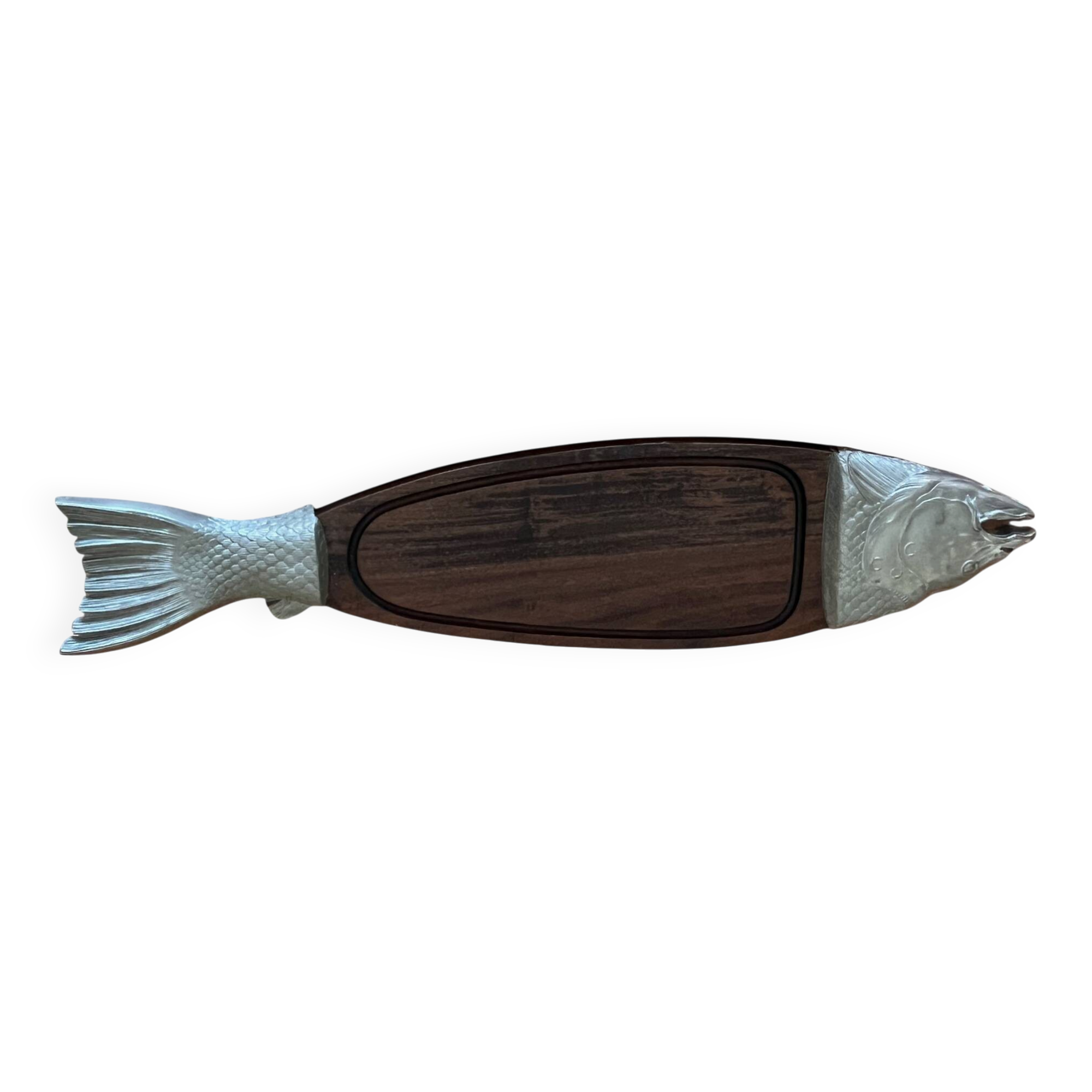 Vintage wooden and metal fish platter, purchased at Fauchon Paris, 1960s.