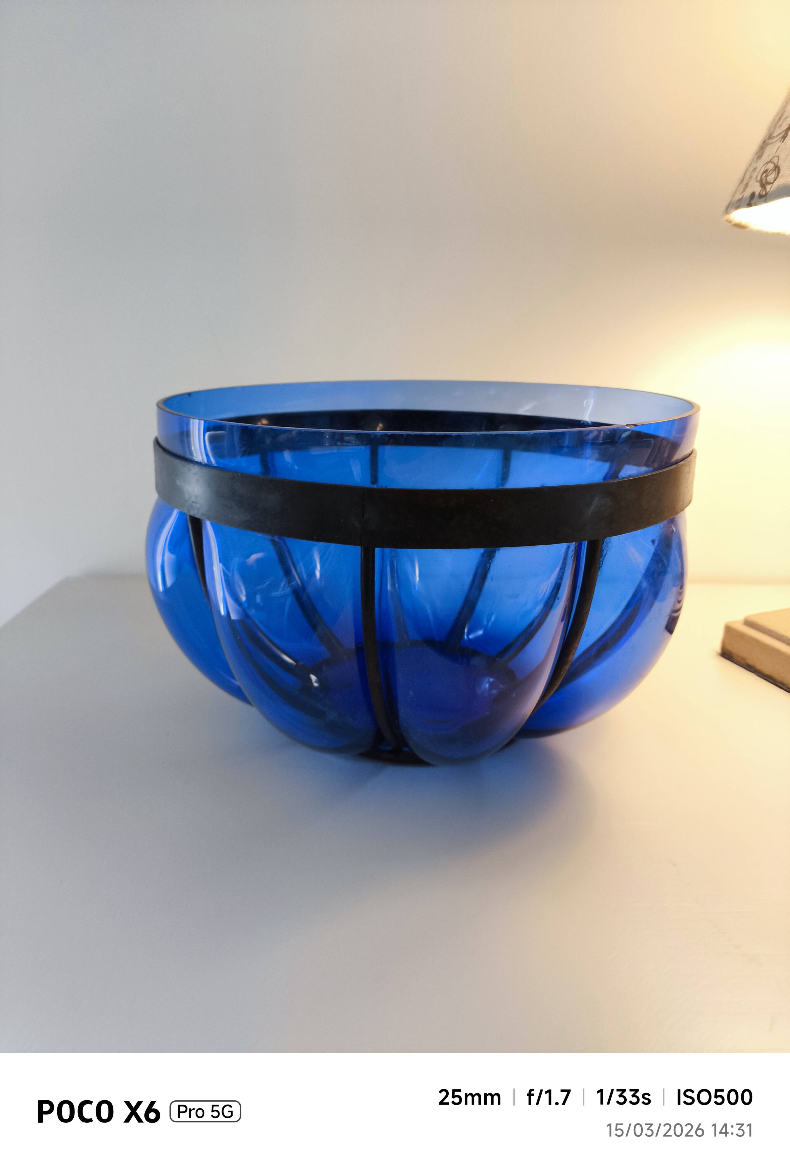 Superb vintage blown glass bowl in cobalt blue with its iron frame.