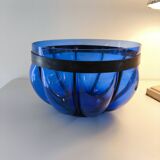 Superb vintage blown glass bowl in cobalt blue with its iron frame.