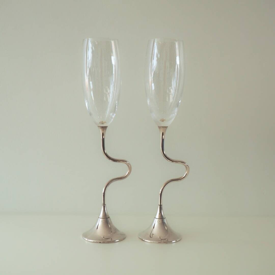 Vintage Pair of Crystal Silver Wedding Anniversary Champagne Flutes