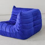 Togo corner chair in blue velvet by Michel Ducaroy for Ligne Roset
