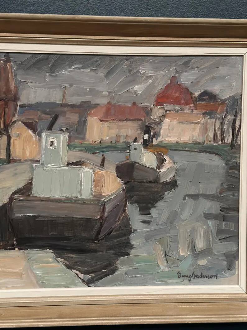 Original Swedish Oil on Canvas –“Harbour” by Georg Andersson – Signed – Vintage & Framed – 52 × 40 cm (20.4" x 15.7")