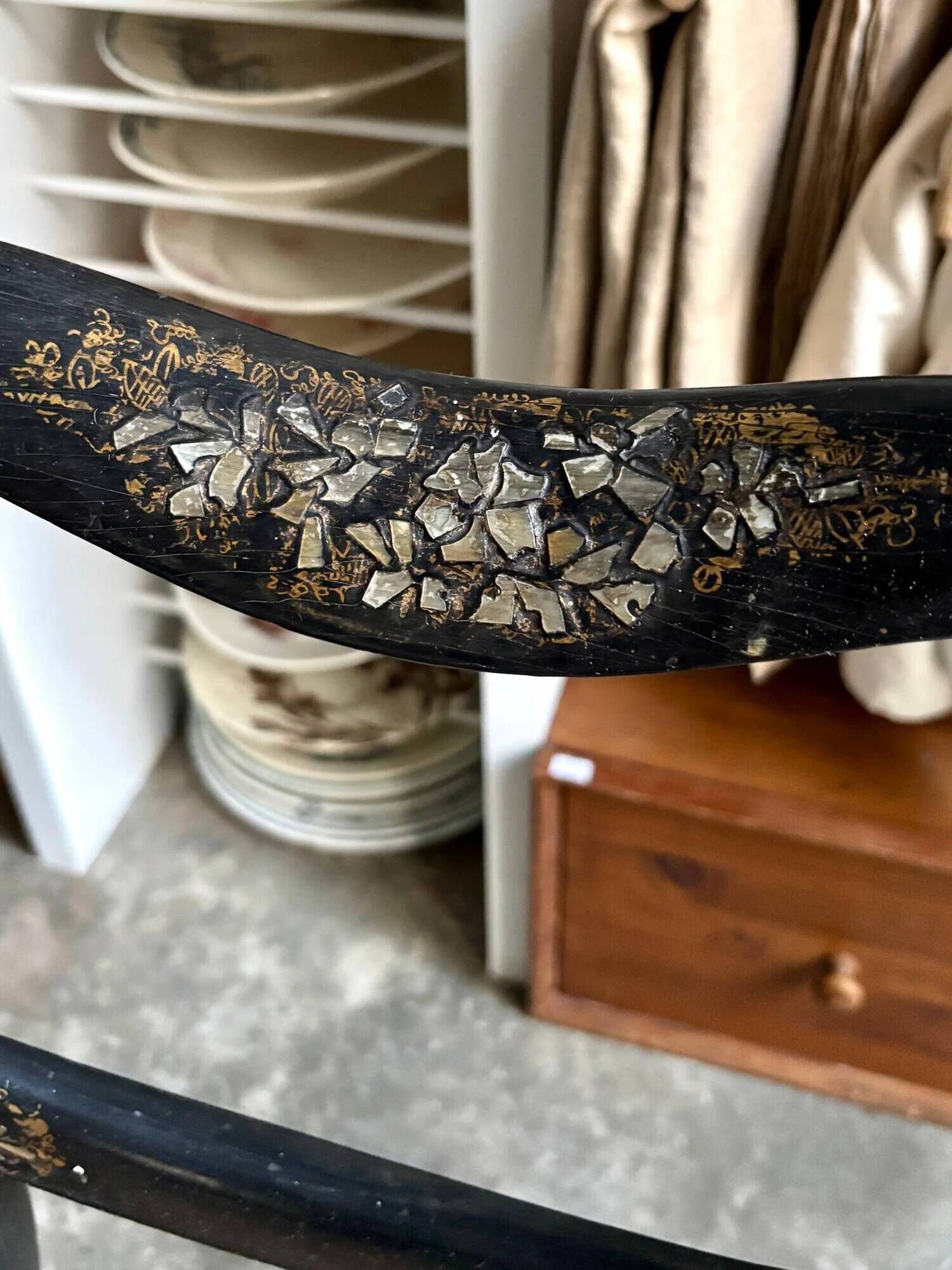 Napoleon III chair in black wood, mother-of-pearl and caning no. 1
