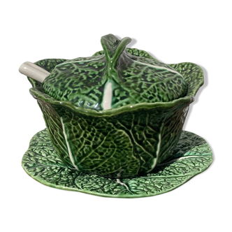 Slurry cabbage tureen including plate and spoon - vintage green ceramic