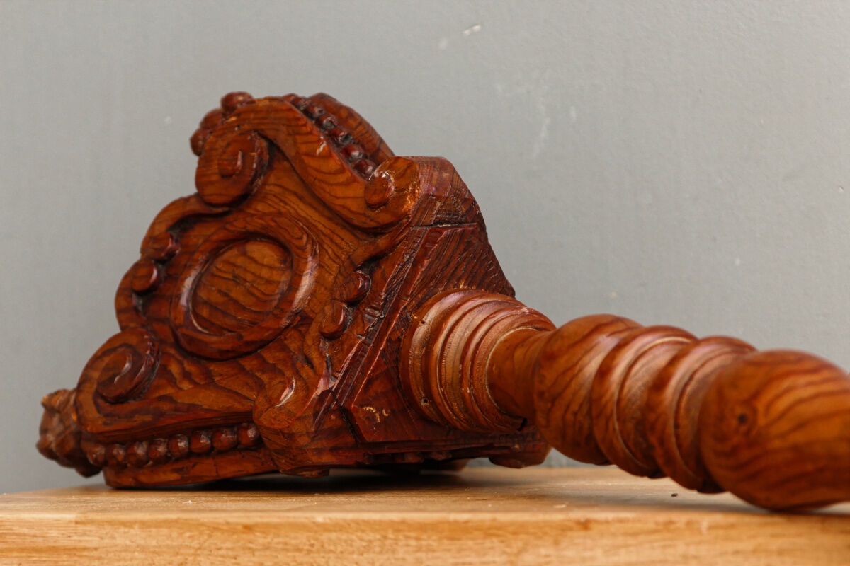 Carved wooden lamp, fiber shade