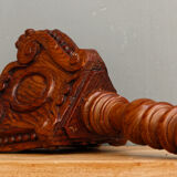 Carved wooden lamp, fiber shade