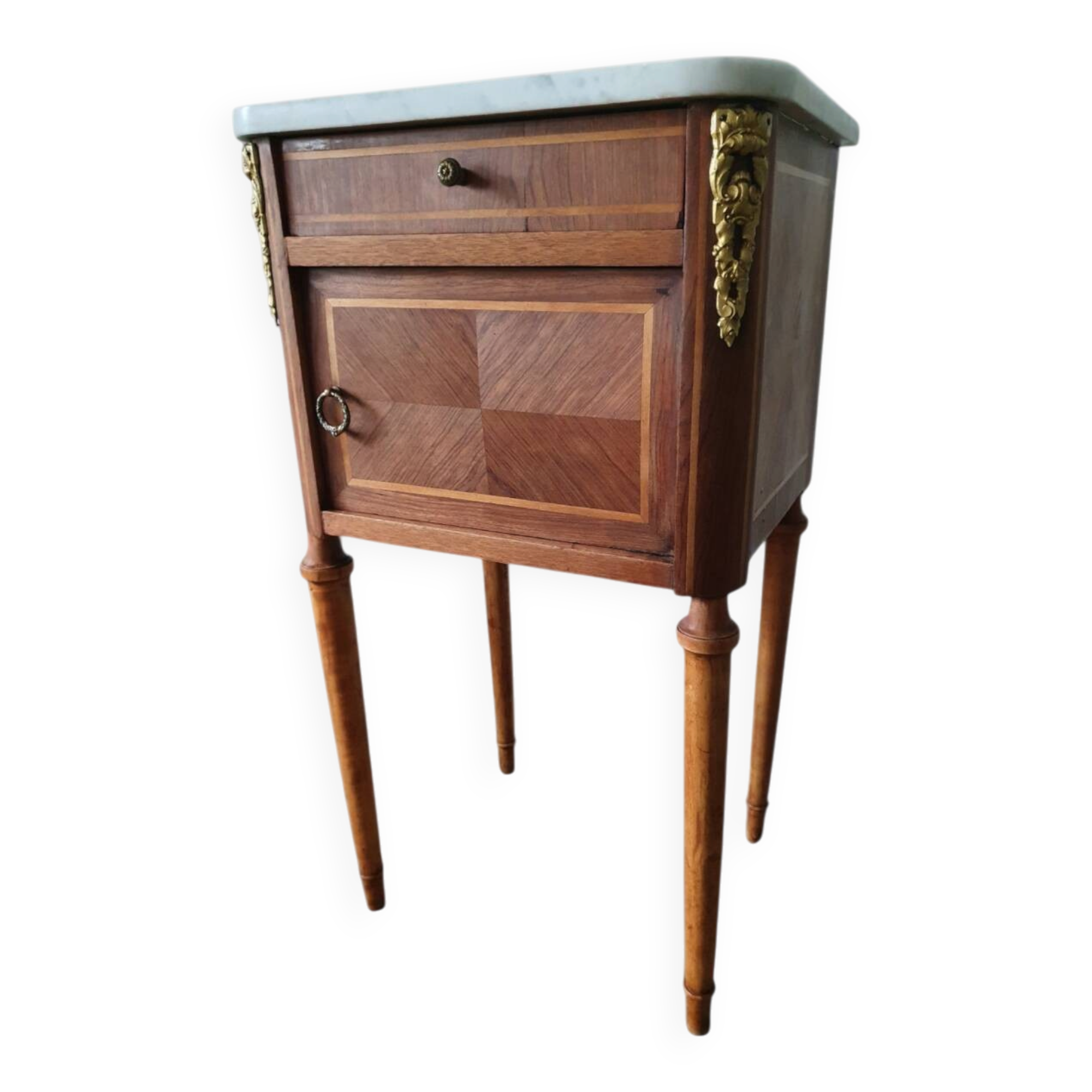Table d’appoint Louis XVI marqueterie - Marbre et décors bronze doré
