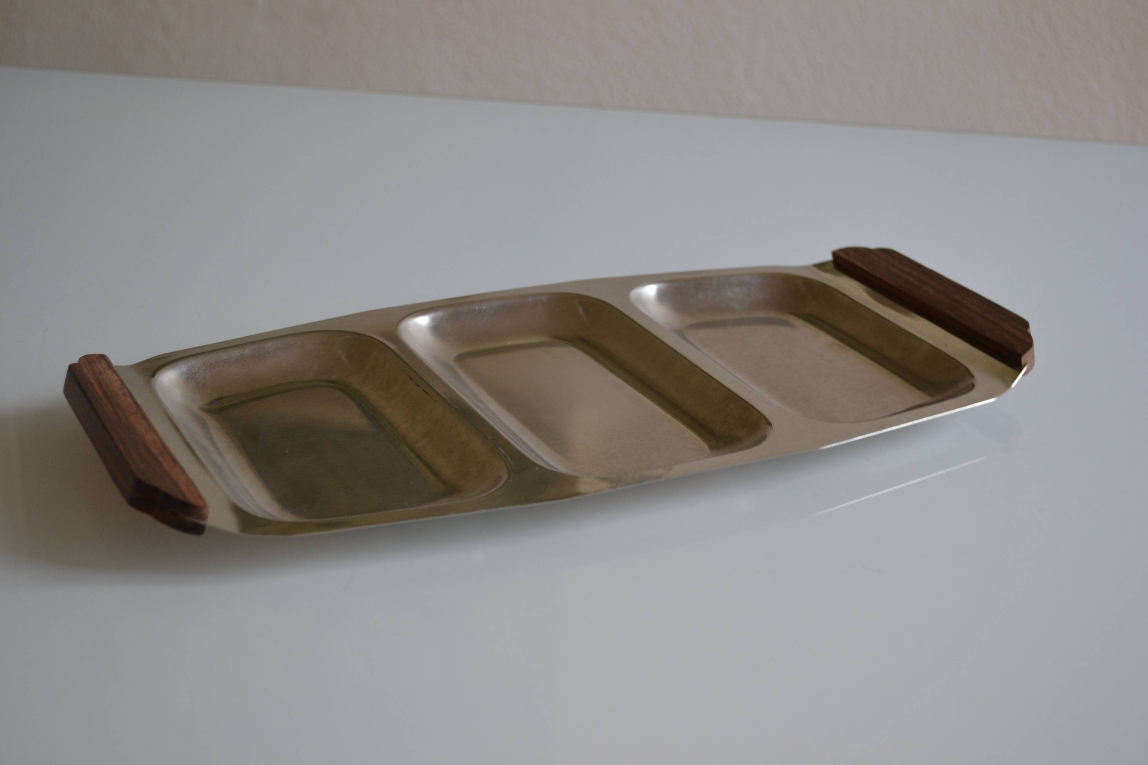 Plat de service vintage inox poignées teck made in Japan