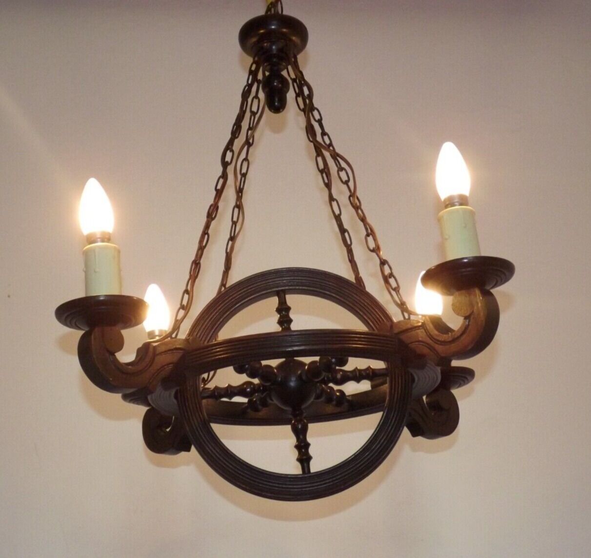 French vintage rustic 4 light wheel chandelier hand