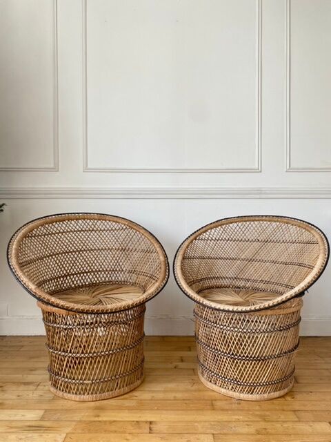 Duo of Emmanuelle armchairs in wicker