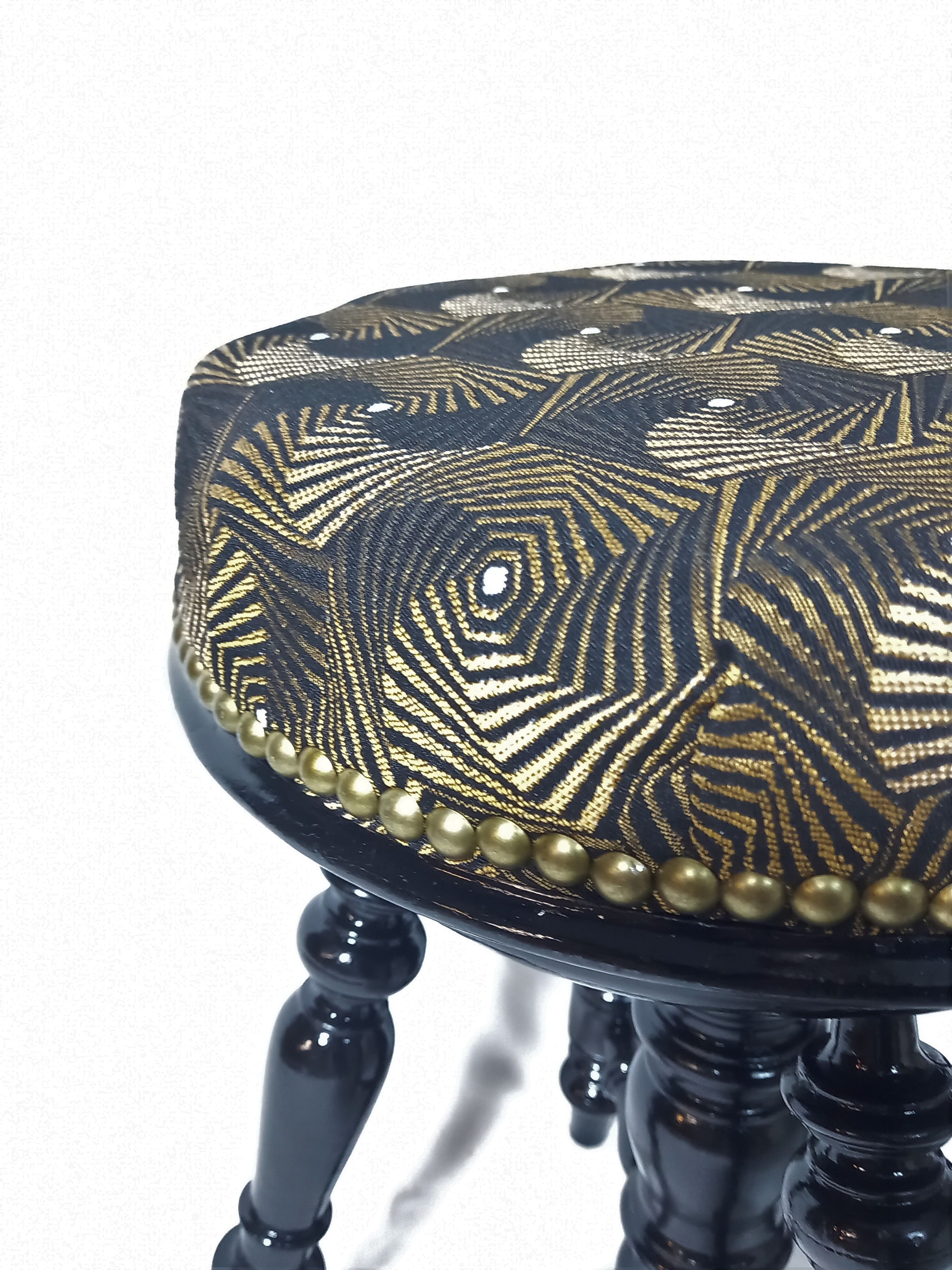 Old adjustable piano stool Napoleon III style with black & gold fabric