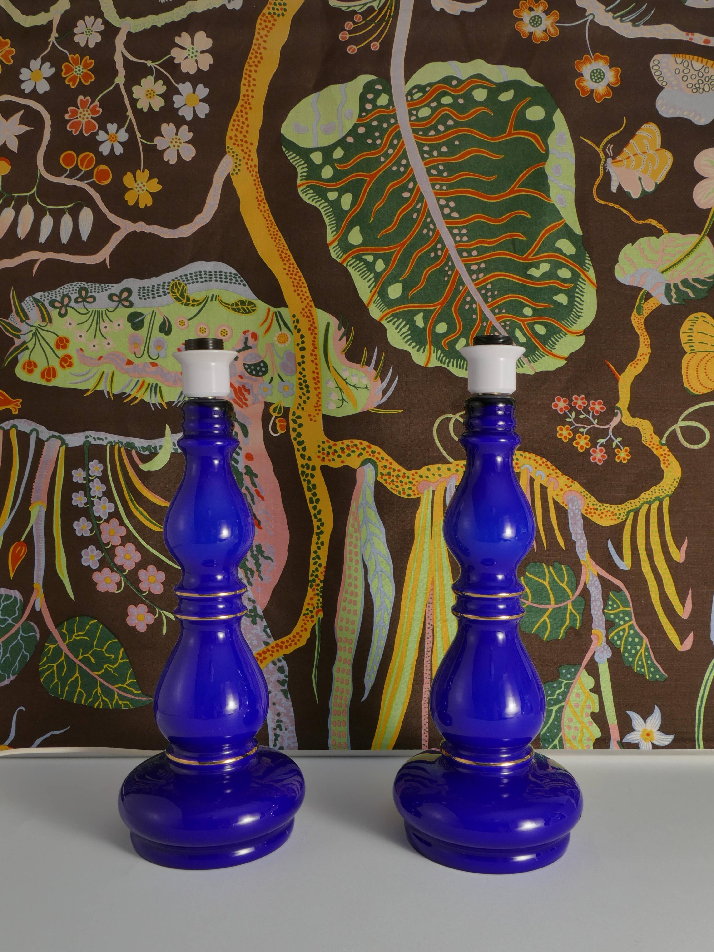 Baluster-shaped Cobalt Blue Glass Table Lamps, Rosdala Glassworks 1960, Set of 2