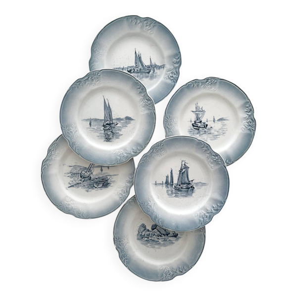 6 assiettes à dessert anciennes en faïence ''Marine'' Orchies
