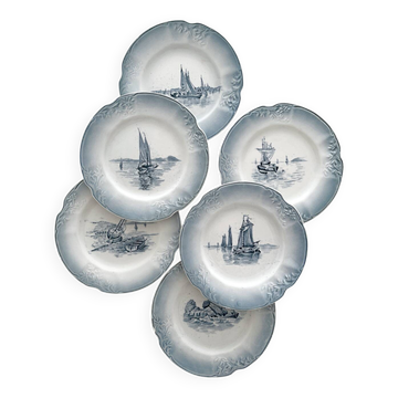 6 antique dessert plates in "Marine" faience from Orchies