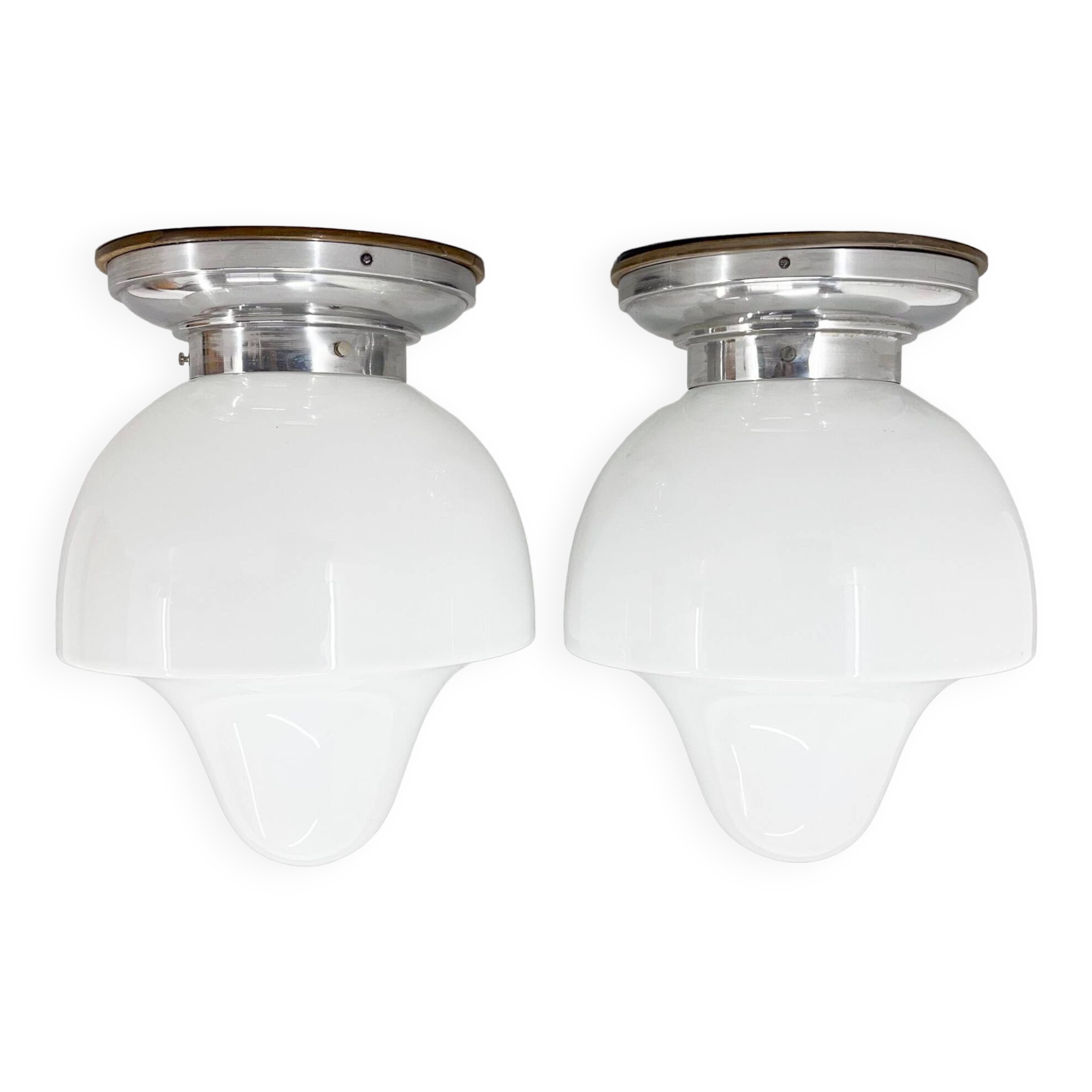 Pair of Mid-Century Chrome & Milk Glass Ceiling Ligts, Restored