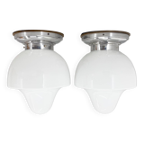 Pair of Mid-Century Chrome & Milk Glass Ceiling Ligts, Restored