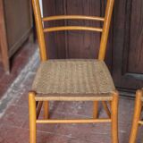 Pair of wooden chairs with vintage rope seats, vintage rope chairs