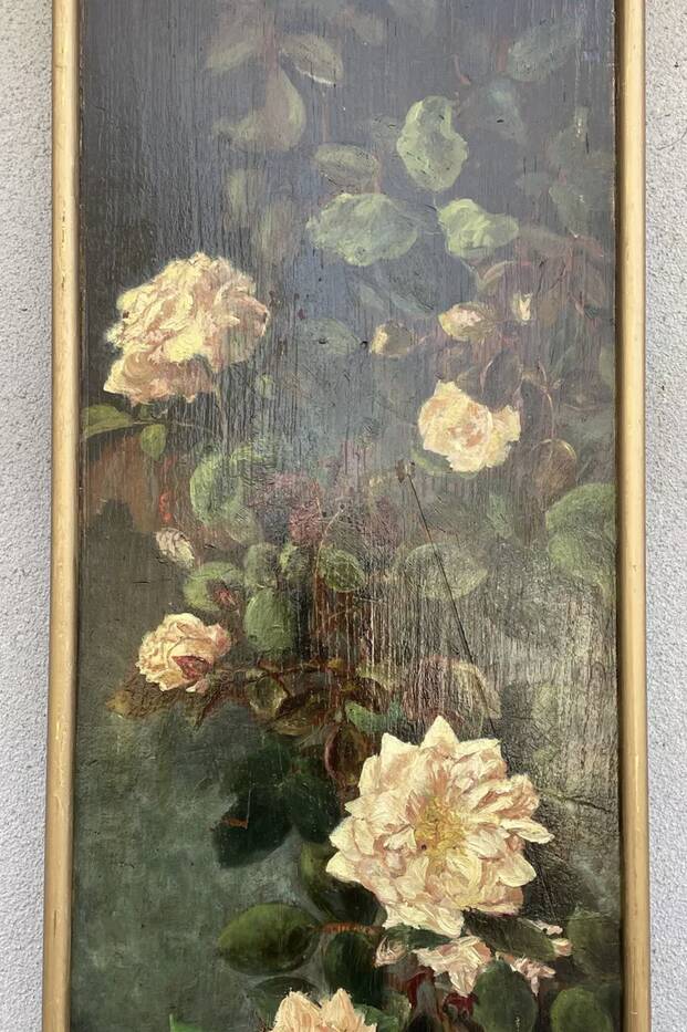 Painted panel of a still life in oil 90 x 27 cm