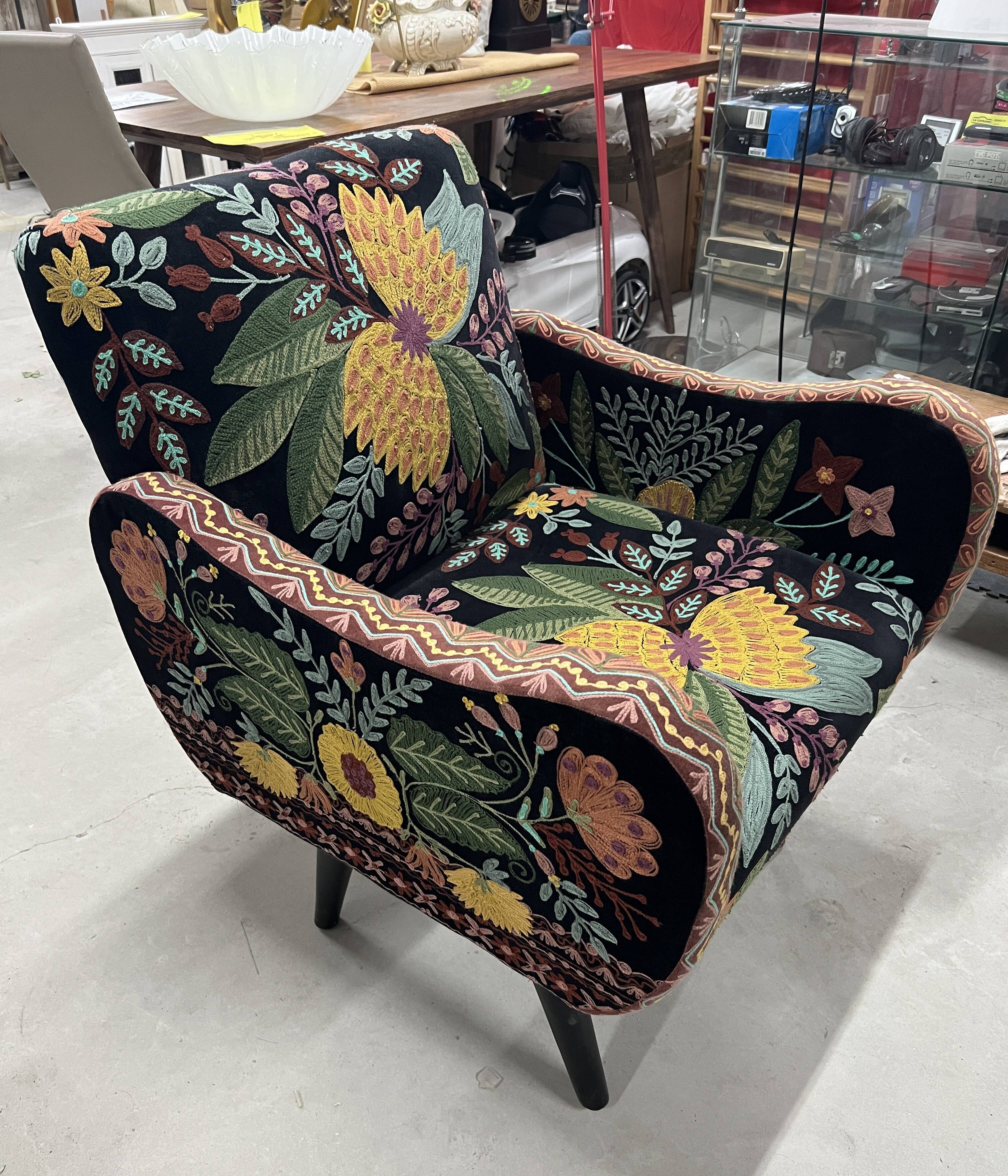 British style armchair in embroidered black velvet and legs in solid black mango tree