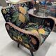 British style armchair in embroidered black velvet and legs in solid black mango tree
