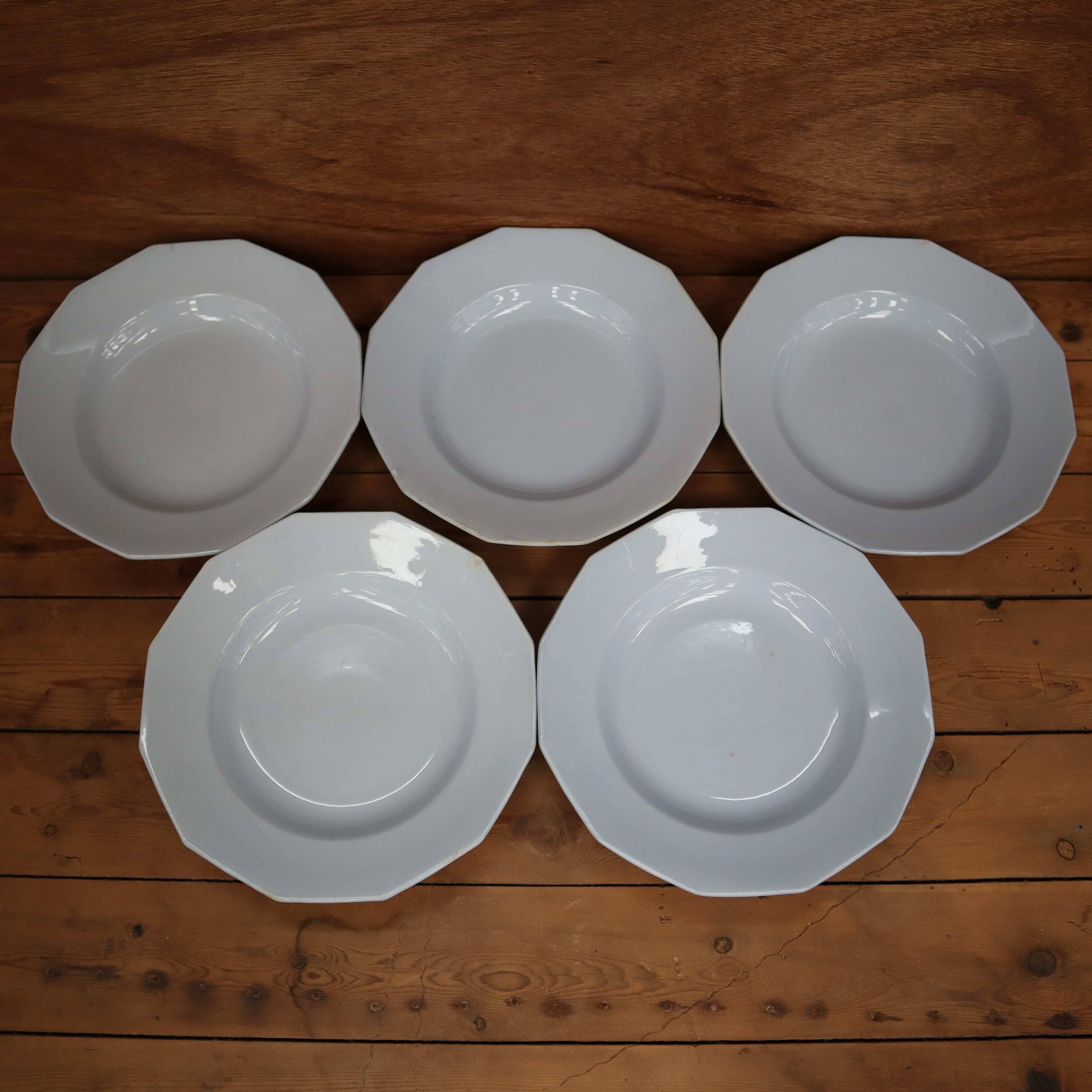 5 octagonal deep earthenware plates Moulin des loups pale blue color