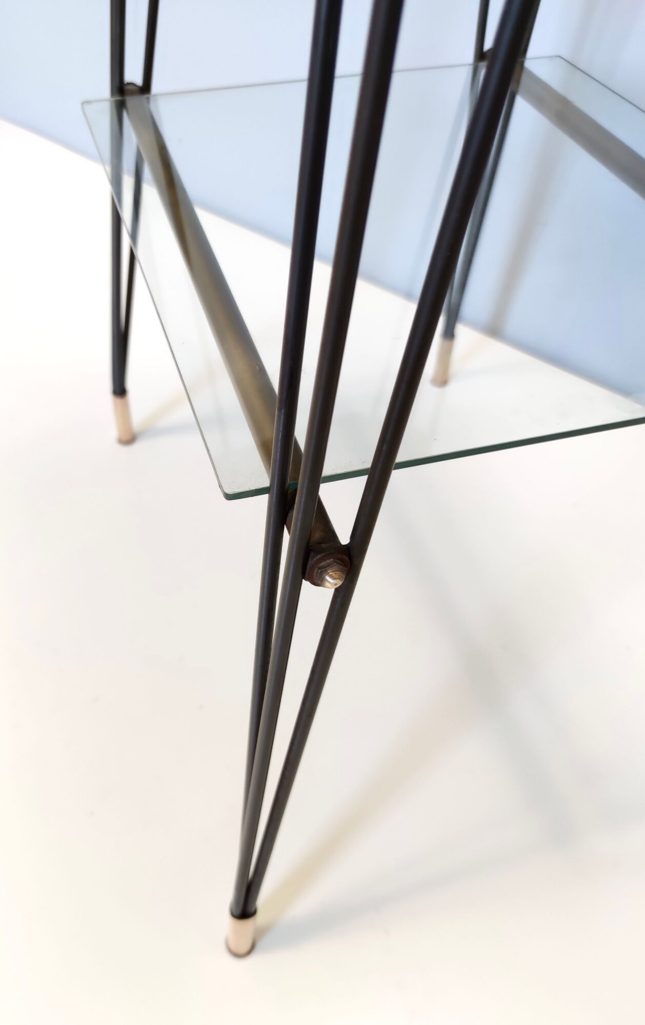 Vintage tv stand/ side table with an ebonized beech top and an iron frame, italy