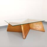 Vintage rectangular coffee table in solid elm and glass from the 80s
