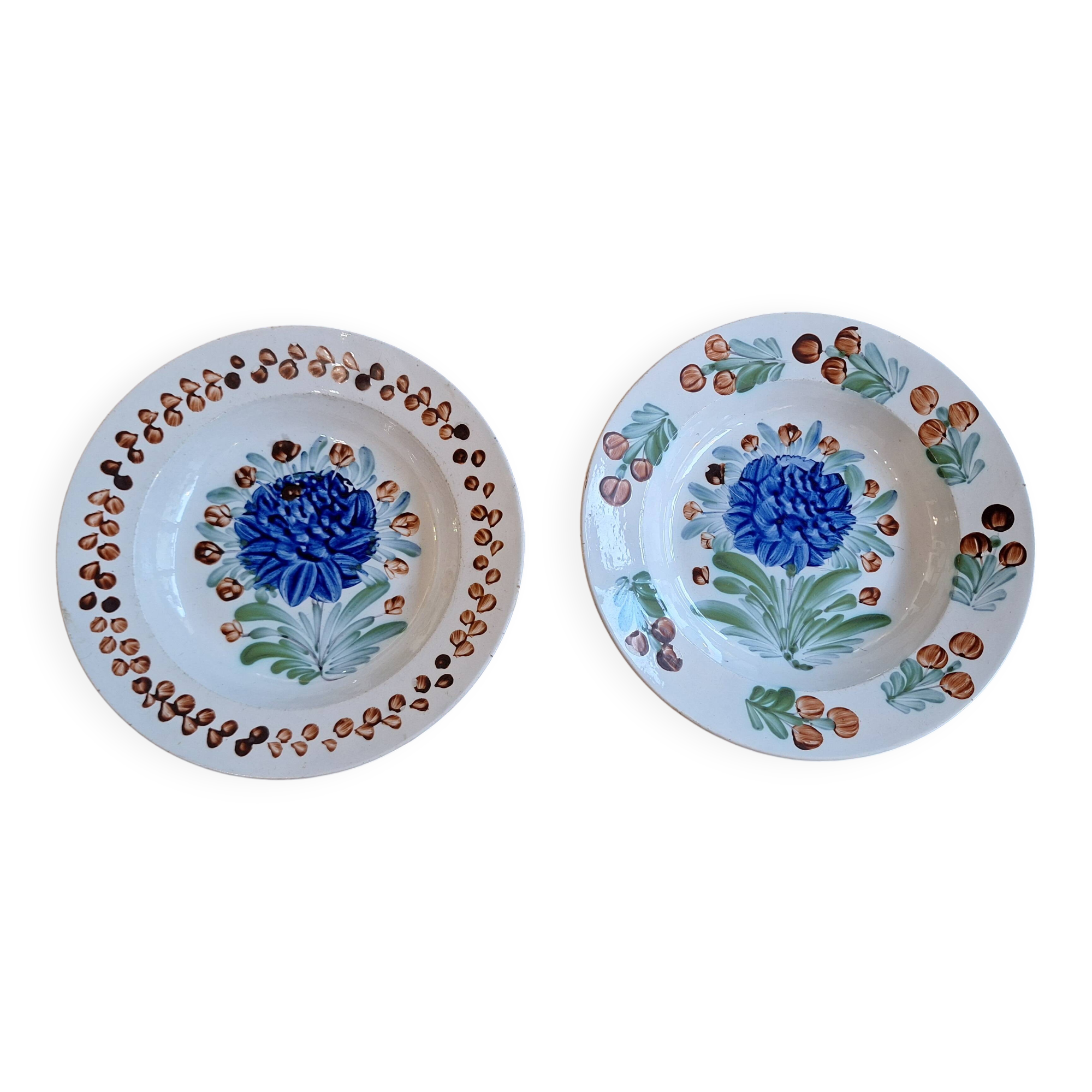 Set of 2 Gien Geoffroy Deep Plates with 19th Century Floral Decoration